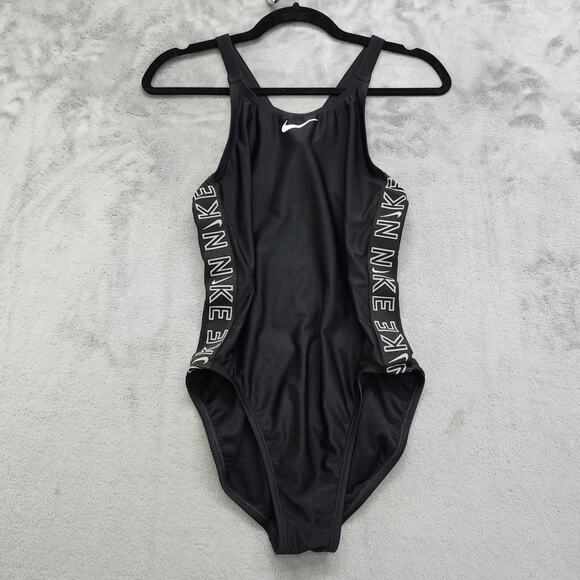 Nike Swimsuit Size 36 WMS 10 Black Swoosh Fusion Logo Tape Fastback One Piece - Picture 1 of 10